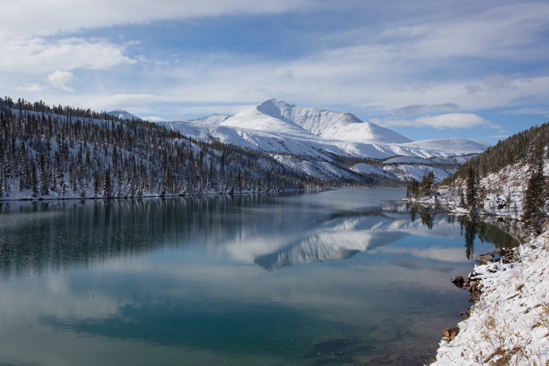 Cool Pleasure.jpg :: Freshly fallen snow on a lake in the Canadian Rockies created a soothing and \