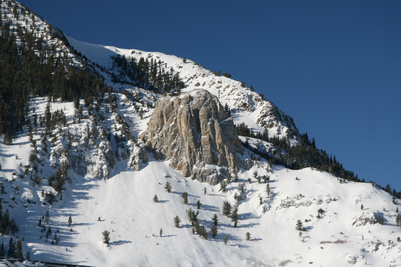 Fresh Trails.jpg :: Look closely and you'll see evidence of some real fun.  Strap your skiis or snowboard to your back, hike up a mountain and carve your way down the face.  Mammoth Rock is a good place to do this. (A2:3) (LE3k)