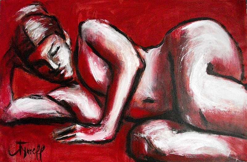 Contemplation - Female Nude.jpg :: Original contemporary acrylics painting on textured paper, unframed. Image of a sensual female nude lying down.
Spontaneous and fresh painting with large brush strokes and heavy texture. 
Size: 80 cm X 52 cm (31.5\