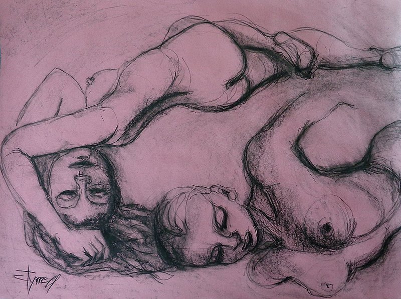 Girls Dreaming - Female Nude.jpg :: Original unique charcoal drawing on pink sugar paper, unframed. A contemporary figurative drawing, a calm and peaceful image of two female nude in a dream like composition. Size 31.5 x 23.5 inch (80 cm x 60 cm). FREE next day delivery in U.K.