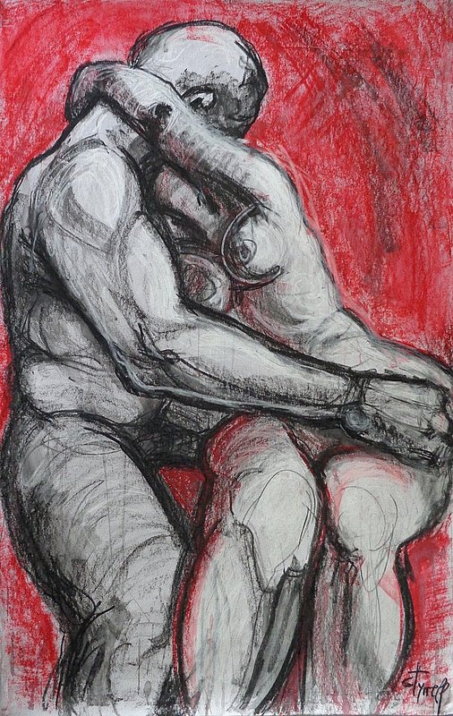 Lovers - Kiss 5 - Rodin.jpg :: Original contemporary figurative drawing on non waved paper using water soluble wax pastels. Quality art fixative applied to fix the drawing. It is the latest work, part of the series Lovers - Kiss - Rodin. All the previous 4 works can be found in private collections worldwide. Size 23\