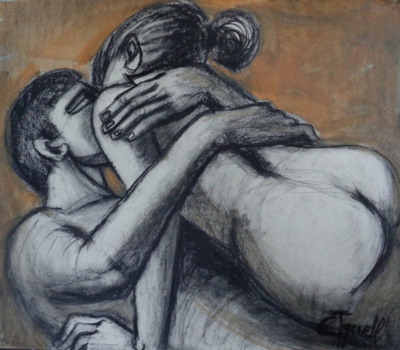 Lovers - The Heat of Love.jpg :: Original contemporary figurative painting on paper using charcoal and yellow ochre acrylic, unframed. Erotic and sensual image of an em braced couple in love kissing. Size 65 cm x 56 cm (25.5\