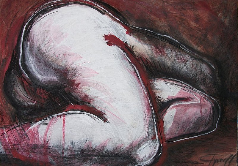 Lying Down - Female Nude.jpg :: Original unique mixed media (charcoal, acrylics and tempera) painting on paper, unframed.  A contemporary figurative semi-abstract interpretation of a female lying down, view from the rear. Large brush strokes of acrylics paint, movement of colours and line marks suggesting  powerful emotion.
The work can be framed directly or mounted and framed. It will complement well a modern room style. Size 56cm x 72cm (22x28.5inch). FREE next day delivery in U.K.