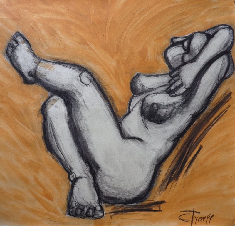 Sunbathing Nude 1 - Female Nude.jpg :: Original contemporary figurative charcoal and yellow acrylic painting on paper, unframed.  A bright and serene image of a female nude sunbathing. Size 56 cm x 59 cm (22\