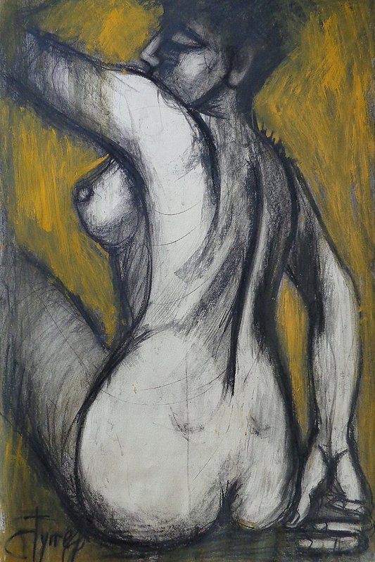Woman Turning Her Back - Female Nude.jpg :: Original contemporary figurative painting on paper using charcoal and yellow ochre acrylic,unframed. Life drawing study of a woman torso, view from the rear. Size 53 cm x 80 cm (21\