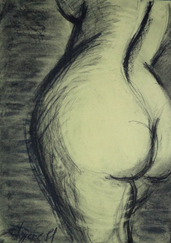 Charcoal Torso 1-Female Nude.jpg :: Original contemporary figurative charcoal drawing on pale yellow paper, unframed.  Frame required. A simple drawing showing the beautiful curves of a female nude back. Size 42 cm x 59 cm (16.5\