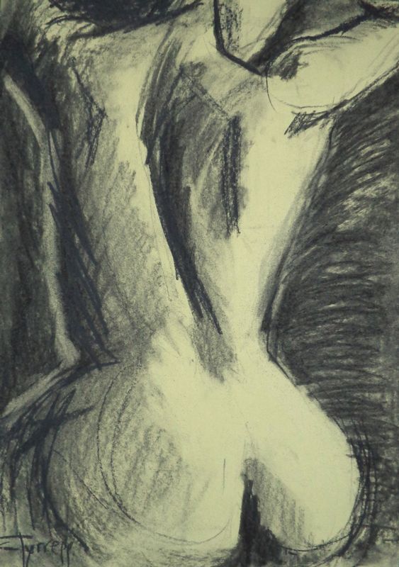 Charcoal Torso 2- Female Nude.jpg :: Original contemporary figurative charcoal drawing on pale yellow paper, unframed.  Frame required. A simple drawing showing the beauty and elegance of a female nude back. Size 42 cm x 59 cm (16.5\