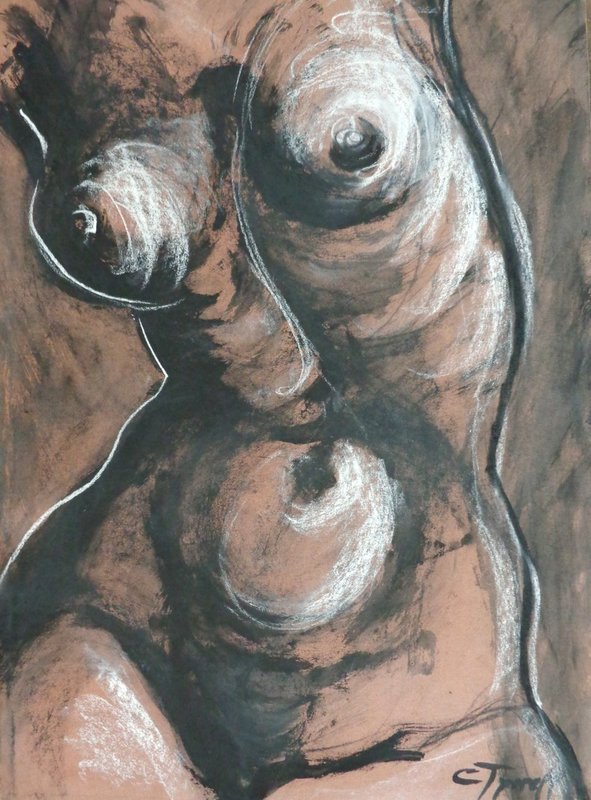 Expressive Torso 2 - Female Nude.jpg :: Expressive Torso 2 - Original mixed media (charcoal, pastel, ink) drawing on brown paper, unframed. Contemporary figurative artwork, image of a female torso. Size 41 cm x 59 cm ( 16\