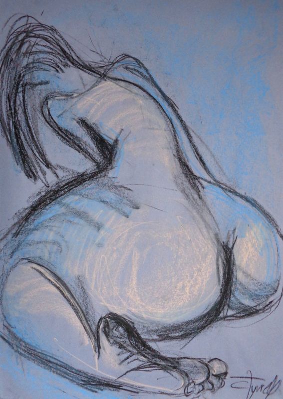 Female Nude - Dos 2.jpg :: Female Nude - Dos 2. Original contemporary drawing on pale blue sugar paper, unframed. Figurative charcoal and oil pastels drawing of a female nude, view from the rear . This is part of the 15 minutes series, quick drawings from my memory. Size 33\