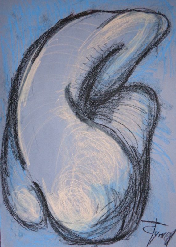 Female Nude - Dos 3.jpg :: Female Nude - Dos 3. Original contemporary drawing on pale blue sugar paper, unframed. Figurative charcoal and oil pastels drawing of a female nude, view from the rear. This is part of the 15 minutes series, quick drawings from my memory. Size 33\