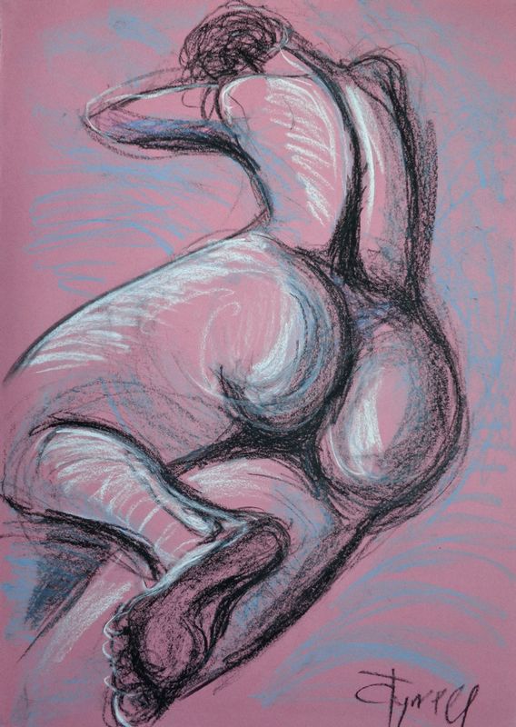 Female Nude - Dos 4.jpg :: Female Nude - Dos 4. Original contemporary drawing on pale pink  sugar paper, unframed. Figurative charcoal and oil pastels drawing of a female nude, view from the rear. This is part of the 15 minutes series, quick drawings from my memory. Size 33\