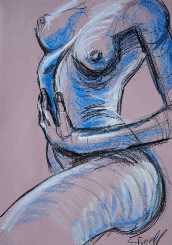 Female Nude - Figure 2.jpg :: Female Nude - Figure 2. Original contemporary drawing on pale pink sugar paper, unframed. Figurative charcoal and oil pastels drawing of a female nude, frontal view . This is part of the 15 minutes series, quick drawings from my memory. Size 33\