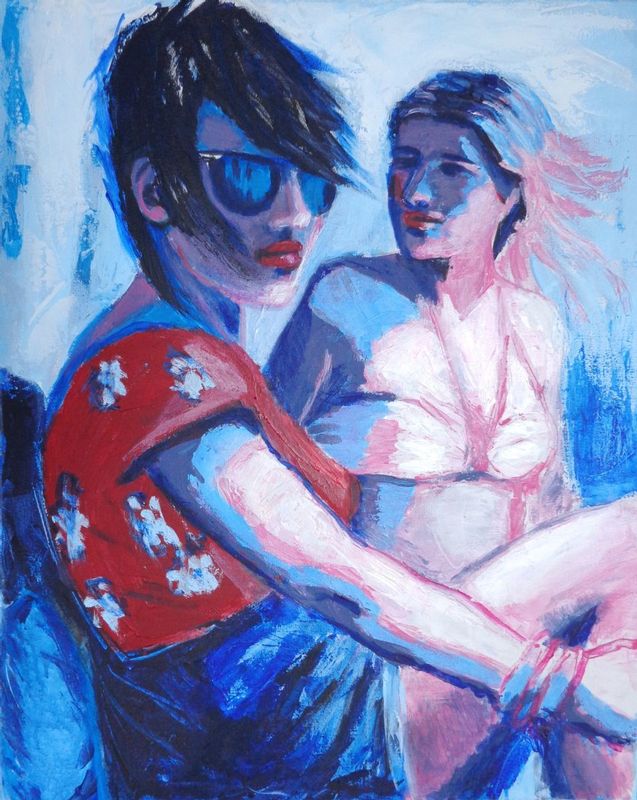 Friends - Girls On Holiday.jpg :: Original unique contemporary figurative acrylics painting on canvas, painted edges and ready to hang. An expressionistic textured art work using the palette knife  techniques. Image of two young women enjoying their holiday in a cool summer shade. Size 30\