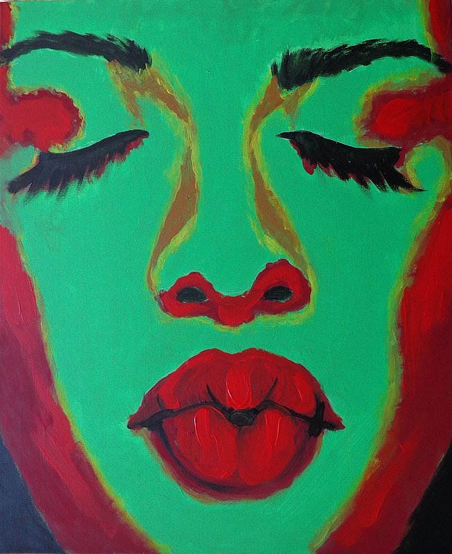 Kiss Me - Woman Face.jpg :: Kiss Me-Woman Face,Original unique contemporary acrylics painting on canvas, painted edges and ready to hang.
An abstract figurative portrait painting of a woman face using complementary colours red-green for great imapct.Size 20 x 24 inch (50cm x 60cm).
FREE next day delivery in U.K
COMMISSION TAKEN FOR LARGER SIZES OR DIFFERENT COLOURS ONLY IN U.K.