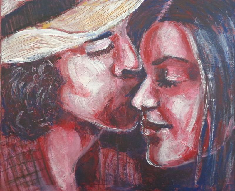 Lovers - Amore.jpg :: Original figurative acrylics painting on canvas, painted edges and ready to hang. A contemporary textured and colourful painting created using the palette knife techniques. A portrait image of a romantic couple in love, man kissing woman. Size 30\