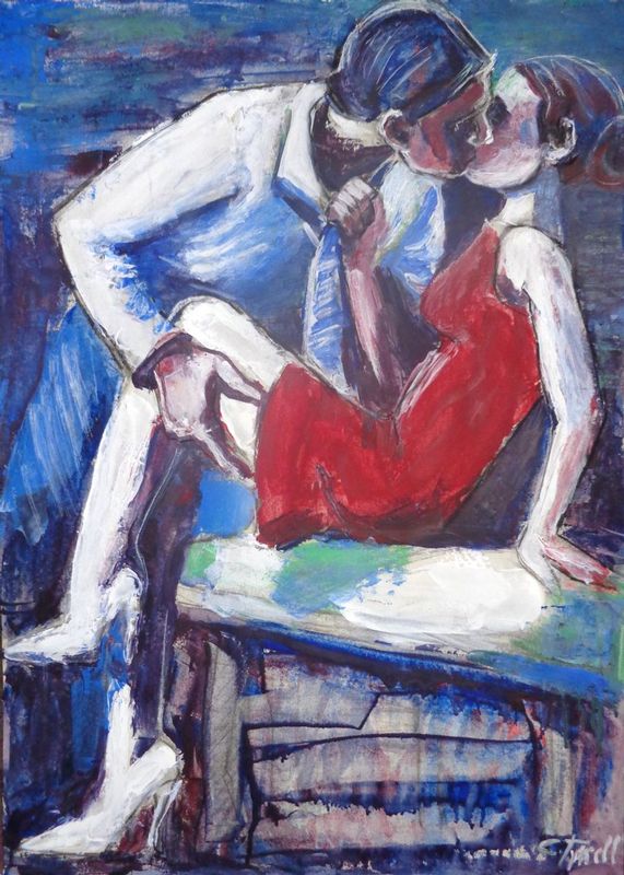 Lovers - Attraction.jpg :: Original unique contemporary figurative acrylics painting on paper, unframed. A romantic image of a couple in love engaged in a passionate kiss. Used palette knife techniques and red, blue and white acrylic paints. Size 78 cm x 56 cm (29.5\