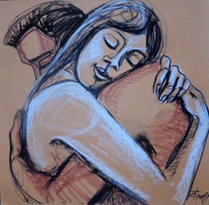 Lovers - Happy Together.jpg :: Original unique contemporary figurative charcoal and pastel drawing on paper, unframed. Emotional image of an embraced couple in love. Size 23.5\