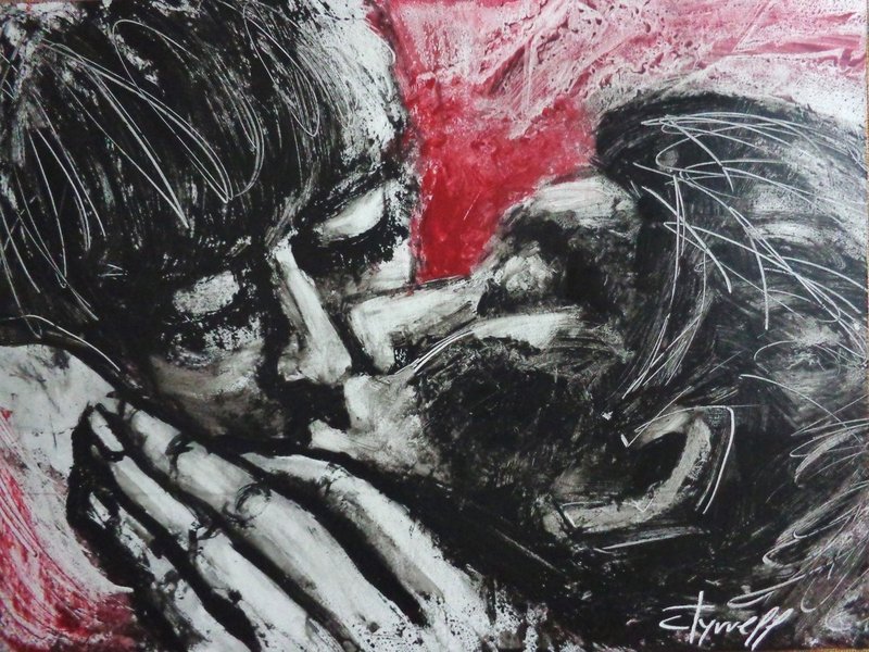 Lovers - Her Kiss.jpg :: Original unique acrylics painting on glossy cartridge paper, unframed.
A contemporary figurative expressionistic image of a couple in love kissing. 
Size 43 cm x 32 cm (17\