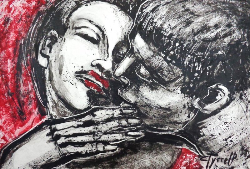 Lovers - Just A Kiss.jpg :: Original unique acrylics painting on glossy cartridge paper, unframed.
A contemporary figurative expressionistic image of a couple in love kissing. 
Size 47 cm x 32 cm (18.5\