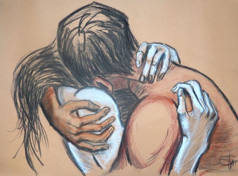Lovers - Love You Forever.jpg :: Original contemporary figurative charcoal and pastel drawing on paper, unframed. Emotional portrait image of an embraced couple in love, man and woman passionately kissing. Size 33\