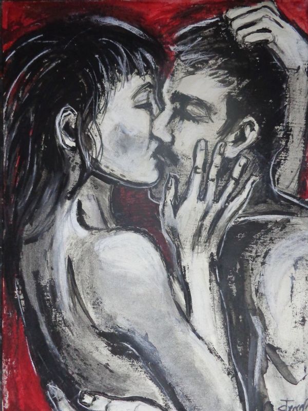 Lovers - Passion.jpg :: Original unique contemporary figurative acrylics painting on paper, unframed. A powerful image of an embraced couple in love engaged in a passionate kiss. The painting was made using charcoal, chock, red and black acrylic paints. Size 76 cm x 56 cm (30\