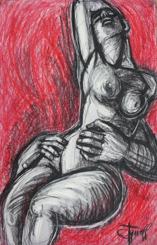 Lovers - Surrendering.jpg ::  Original contemporary figurative drawing on non woven paper using charcoal and red oil pastel, unframed. The drawing is loose, energetic and expressive, suggesting movement and passion of a couple in love.
I enhanced man's hands to express powerful and protective man. Size 91cm x 58 cm (36\