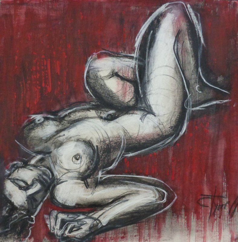 Nude With Red Curtains.jpg :: Original contemporary figurative charcoal and red acrylic painting on paper, unframed. Image of an erotic and sensual female nude lying down on her back.  Size 54 cm X 54 cm (21\