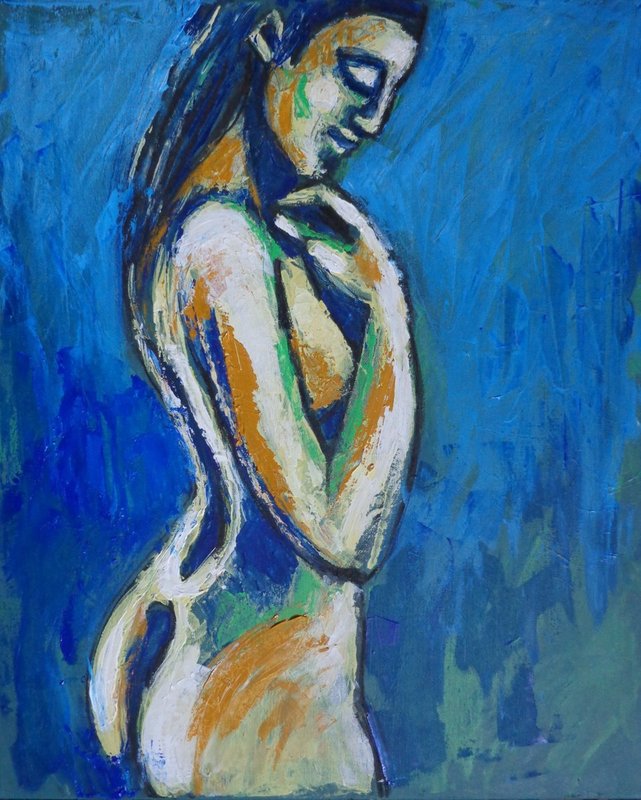 Romantic Dreamer - Female Nude.jpg :: Original unique contemporary acrylics painting on canvas, painted edges and ready to hang. An impressionist/ semi-abstract figurative female nude artwork produced in yellow and blue paints using the palette knife’s techniques. Image of a woman's profile in a calm and pensive mood.
Size 20\