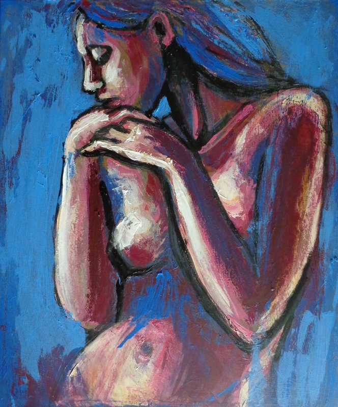 Sentimental Mood - Female Nude.jpg :: Original contemporary figurative acrylics painting on canvas, painted edges and ready to hang.  Erotic and sensual frontal image of a female nude torso. Expressive and textured artwork produced in red and blue acrylic paints using the palette knife. Size 50 cm x 60 cm x 1.5 cm (20\