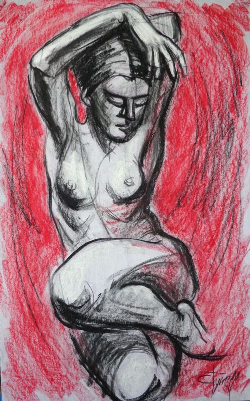 Venus 1 - Female Nude.jpg :: Original contemporary figurative charcoal and pastel drawing on non woven paper, unframed. Expressive and loose drawing, frontal image of a female nude dancing.  Quality art fixative applied to fix the drawing. Size 58 cm x 92 cm (23\
