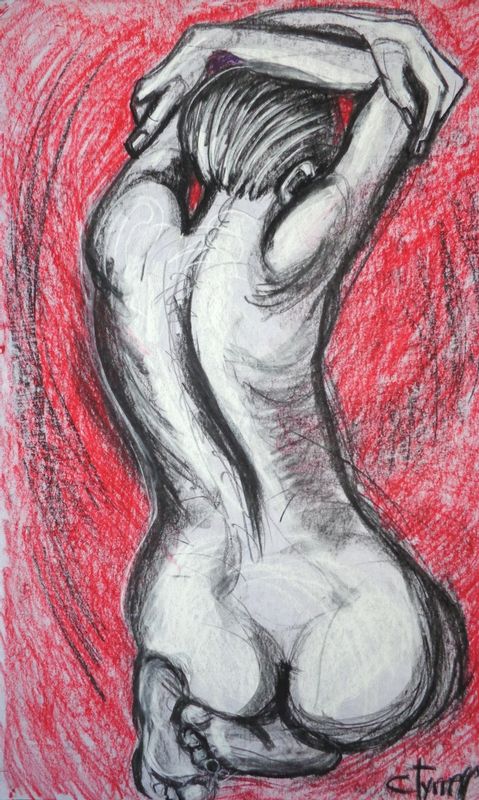 Venus 2 - Female Nude.jpg :: Original contemporary figurative charcoal and pastel drawing on non woven paper, unframed. Image of a sited female nude view from the rear. The texture and the softness of this paper suited to charcoal and pastels work. Quality art fixative applied to fix the drawing. Size 58 cm x 92 cm (23 \