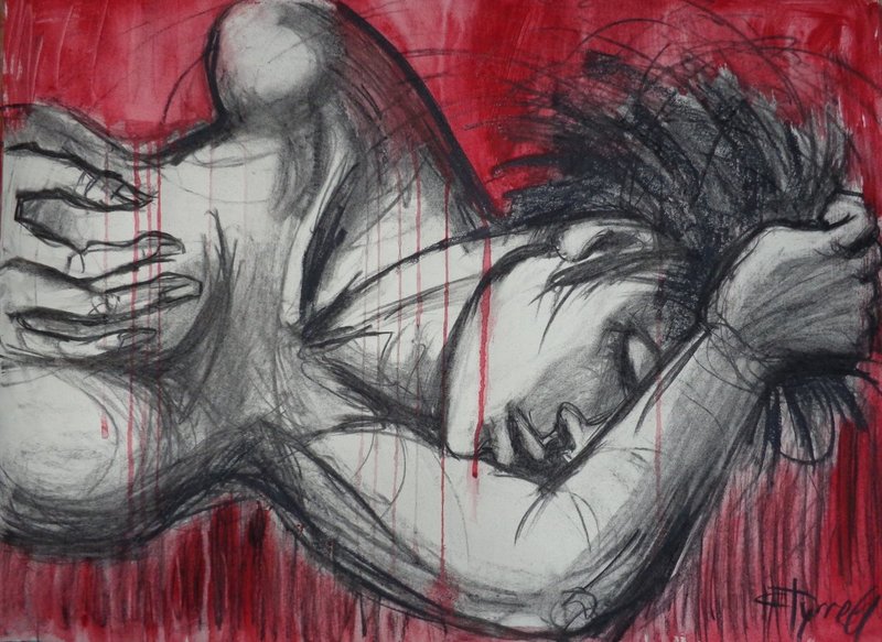 Woman In Love 2 - Erotic.jpg :: Woman In Love, Original charcoal and red acrylic painting on paper, unframed. Contemporary figurative expressionistic artwork. Erotic, emotional and sensual image of a woman in love missing her lover. Size 56 cm x 76 cm (22\