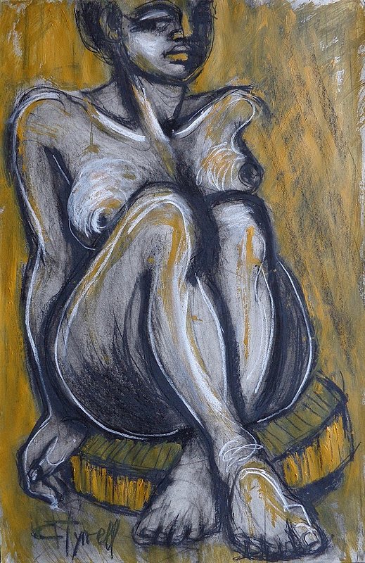 Woman Sitting On Round Chair - Female Nude.jpg :: Original contemporary figurative charcoal and yellow ochre acrylic drawing on paper. Life drawing study of a woman sitting down legs crossed at the ankles. Size 53 cm x 80 cm (21\