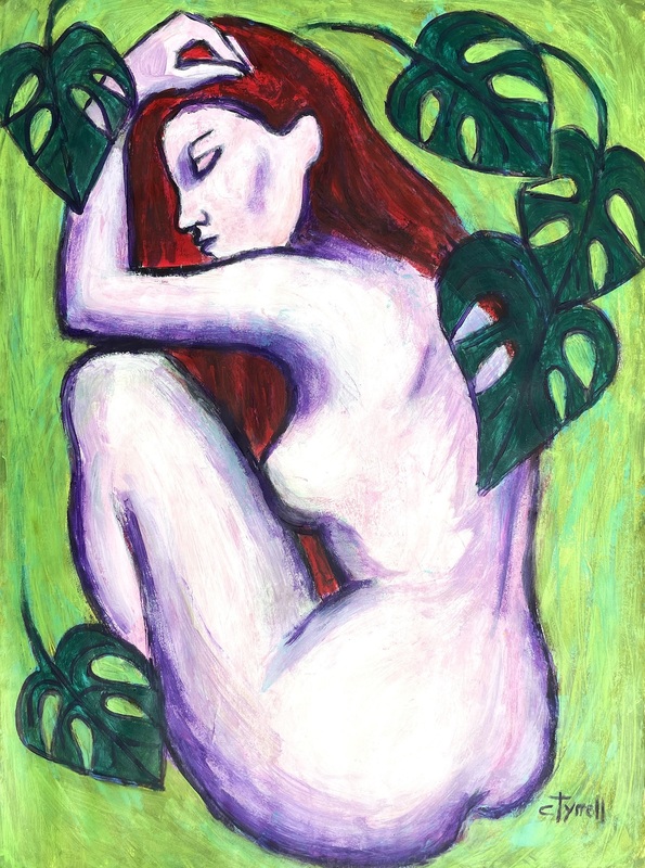 Ambience of Nature 1.jpg :: Original figurative acrylics painting on acid free paper, unframed.Calm and peaceful painting in red, purple and blue colours.  Image of a young woman relaxing and enjoying the Nature, part of the series tribute to Mother Nature. The series depicts the beauty of humans interacting with Nature. The representation of female nudes enjoying the Nature is a symbol of purity and liberation, as humans we are part of it.
Size 76 cm x 56 cm (30\