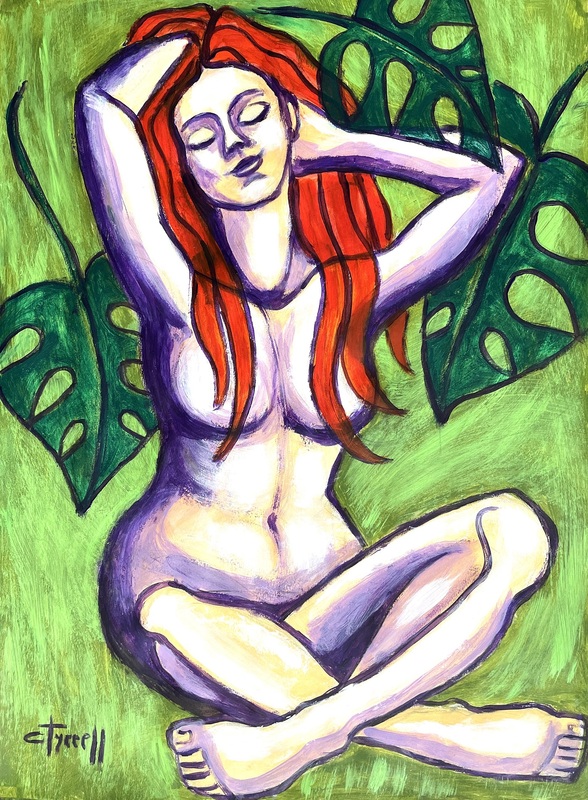 Ambience of Nature 2.jpg :: Original figurative acrylics painting on acid free paper, unframed.Calm and peaceful painting in red, purple and green colours.  Image of a young woman relaxing and enjoying the Nature, part of the series tribute to Mother Nature. The series depicts the beauty of humans interacting with Nature. The representation of female nudes enjoying the Nature is a symbol of purity and liberation, as humans we are part of it.
Size 76 cm x 56 cm (30\