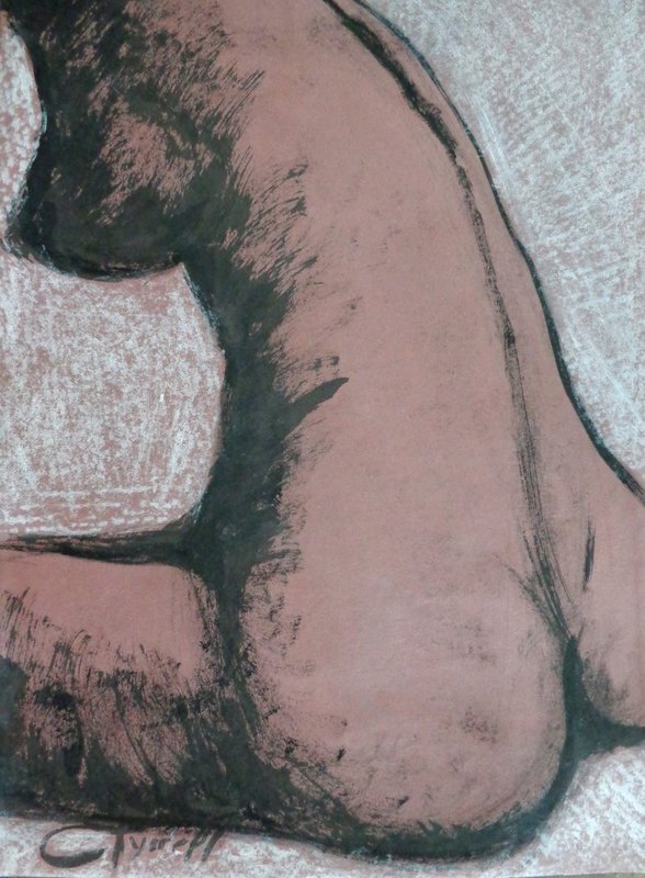 Back Torso 2 - Female Nude.jpg :: Original contemporary figurative India ink and oil pastel drawing on toned paper, unframed. Frame required. Expressive and emotional side  image of a seated nude woman's torso. Size 60 cm x 40 cm (23.5\