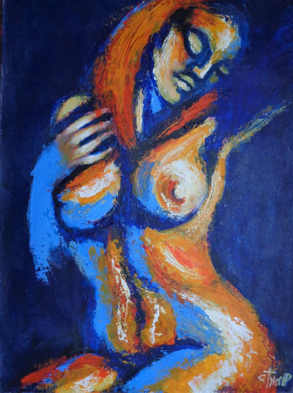 Blue And Orange Relaxing Nude 1.jpg :: Original contemporary figurative painting on heavy textured paper, unframed.  Colourful and textured painting in blue and orange acrylics layered with the palette knife. Part of a series of relaxed and colourful female nude postures. Size 50 cm x 70 cm (19.75\