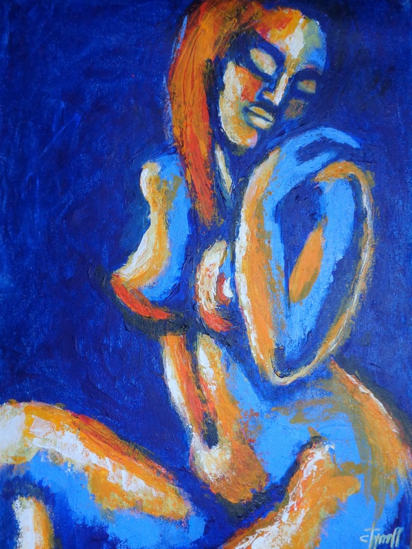 Blue And Orange Relaxing Nude 2.jpg :: Original contemporary figurative painting on heavy textured paper, unframed.  Colourful and textured painting in blue and orange acrylics layered with the palette knife. Part of a series of relaxed and colourful female nude postures. Size 50 cm x 70 cm (19.75\