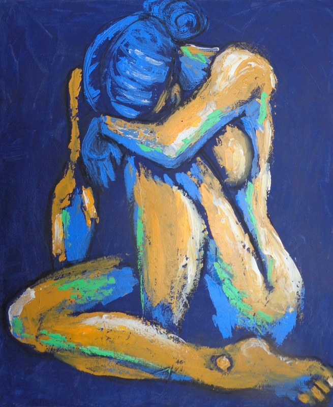 Blue Heart 4 - Female Nude.jpg :: Original contemporary figurative acrylics painting on canvas, painted edges and ready to hang. Part of the series, an emotional image of a distressed woman in love. Textural painting using blue and yellow ocher colours and palette knife technique. Size 23.5\