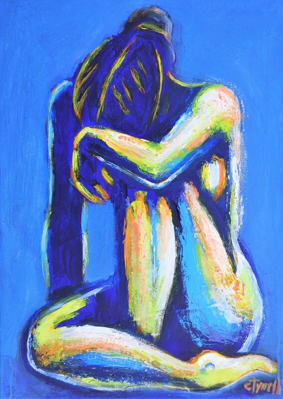Blue Heart 5.jpg :: Original expressionist figurative acrylics painting on canvas, painted edges and ready to hang. Frame is optional. Colourful and textured painting made with layers of blue, teal, yellow and orange acrylics applied with the palette knife. Part of \