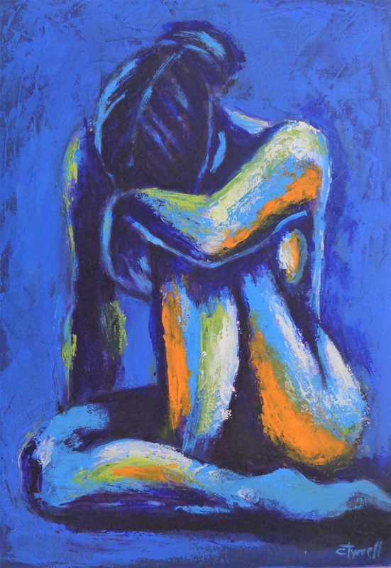 Blue Mood 1 - Female Nude.jpg :: Original contemporary figurative acrylics painting on canvas, painted edges and ready to hang. Frame is optional. Colourful and textured painting made with layers of blue, teal and orange acrylics applied with the palette knife. Part of a new series \