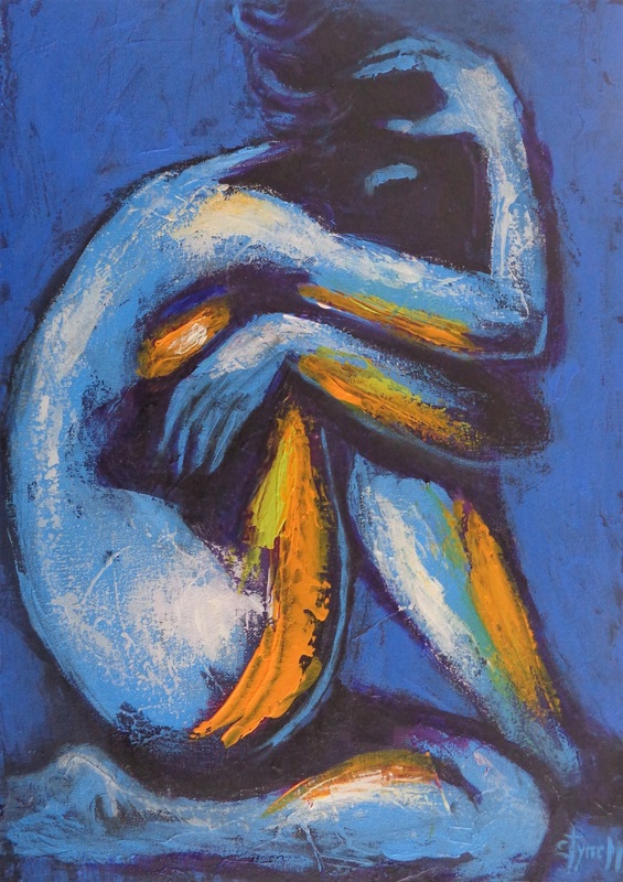 Blue Mood 3 - Female Nude.jpg :: Original contemporary figurative acrylics painting on canvas, painted edges and ready to hang. Frame is optional. Colourful and textured painting made with layers of blue, teal and orange acrylics applied with the palette knife. Part of a new series \