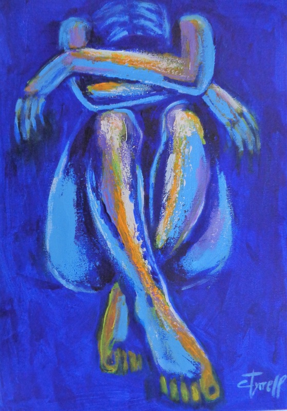 Blue Mood 6 - Female Nude.jpg :: Original contemporary figurative acrylics painting on canvas, painted edges and ready to hang. Frame is optional. Colourful and textured painting made with layers of blue, teal, purple and orange acrylics applied with the palette knife. Part of a new series \