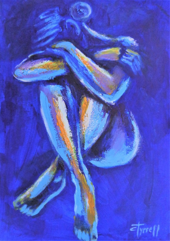 Blue Mood 8.jpg :: Original contemporary figurative acrylics painting on canvas, painted edges and ready to hang. Frame is optional. Colourful and textured painting made with layers of blue, purple, teal and orange acrylics applied with the palette knife. Part of a new series \
