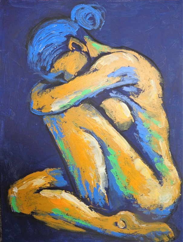 Blue Soul 4 - Female Nude.jpg :: Original contemporary figurative acrylics painting on canvas, painted edges and ready to hang. Part of the series, an emotional image of a melancholic woman in love. Textural painting using blue and yellow ocher colours and palette knife technique. Size 24\