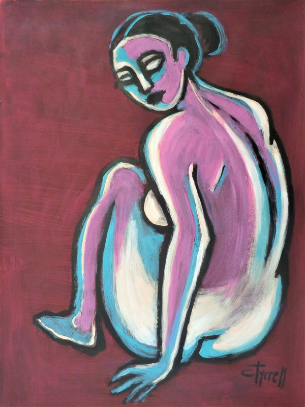 Burgundy And Turquoise Figure.jpg :: Original figurative painting on acid free quality paper, unframed. Part of a new series of colourful expressionist acrylic paintings of nude figures. Showing here back of a seated nude, made using burgundy and turquoise acrylic colours.  
Size 57 cm x 76 cm (22.5\