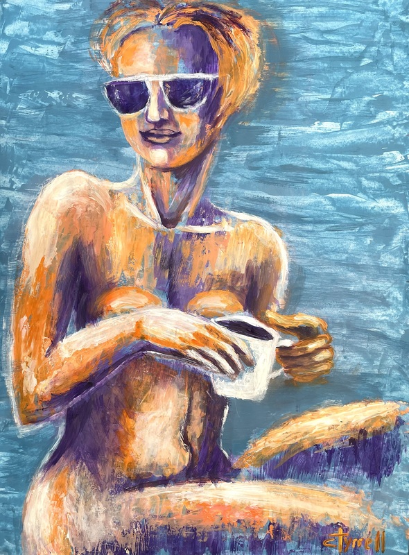 Coffee By The Pool -1.jpg :: Original acylics painting on paper, unframed. 
Summer image of a seated nude woman by a private pool. She is holding a cup of coffe in her hands. The style is expressive and impasto, with visible brushstrokes and a palette of oranges, purples, and blues. The background is a textured blue, suggestive of pool water. The overall mood is relaxed and somewhat sensual.
Size 76 cm x 56 cm ( 30\