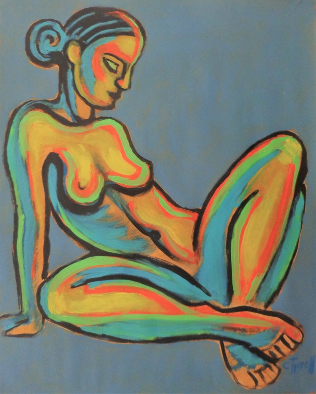 Colourful Figure 1.jpg :: Original figurative painting on acid free quality paper, unframed. Part of a new series of colourful expressionist acrylic paintings of nude figures. Image of a seated nude woman relaxing, made using blue, orange and yellow acrylic colours.  
Size 60 cm x 76 cm ( 23.5\