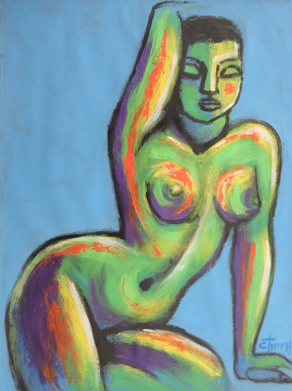 Colourful Figure 2.jpg :: Original figurative painting on acid free quality paper, unframed. Part of a new series of colourful expressionist acrylic paintings of nude figures. Frontal image of a nude figure, made using blue, orange, green and yellow acrylic colours.  
Size 60 cm x 80 cm ( 23.5\