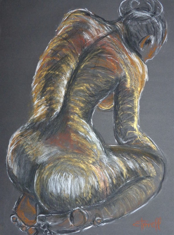 Copper Colour Nude.jpg :: Original contemporary figurative oil pastels drawing on paper, unframed. Part of  a new series of female nude drawings on black paper experimenting with Sennelier iridescent oil pastels to create expressive texture and movement. \
